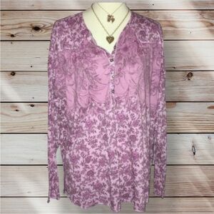 Lucky Brand Washed Western Henley Style L/S Lavender Purple Floral Top XL VGUC